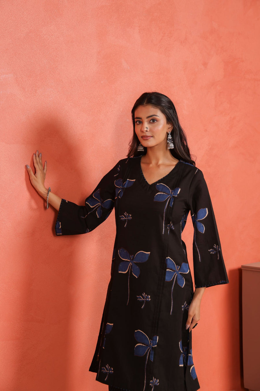 Black Cotton Slub Pleated Kurta with Afghani Pant