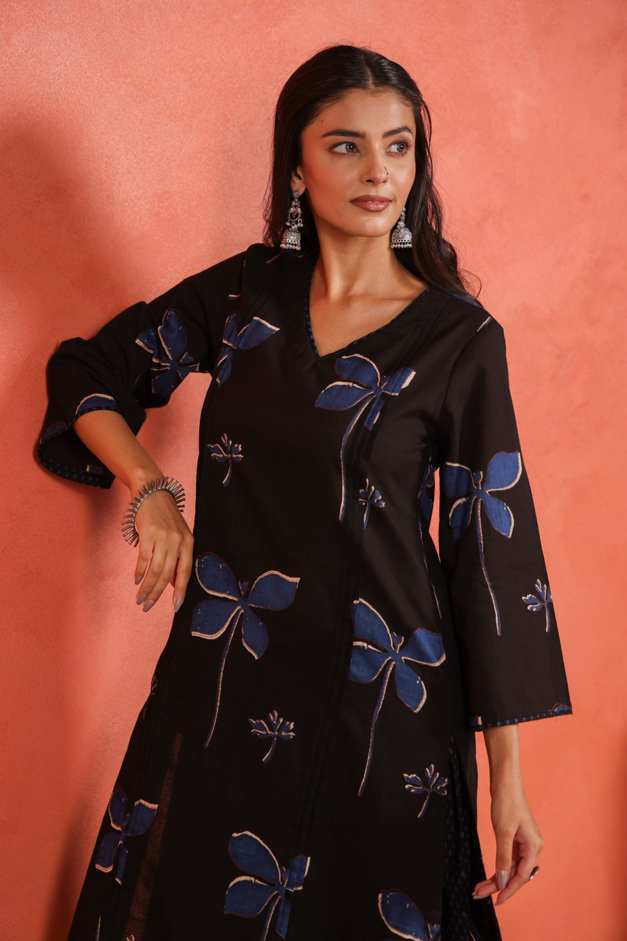Black Cotton Slub Pleated Kurta with Afghani Pant