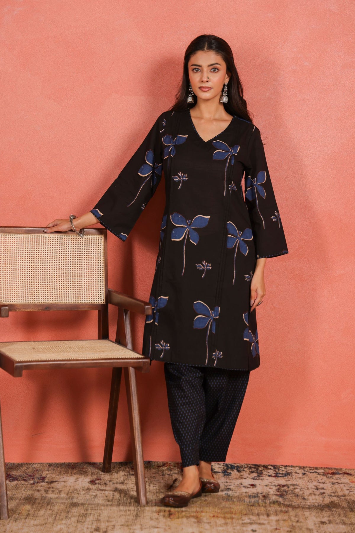 Black Cotton Slub Pleated Kurta with Afghani Pant