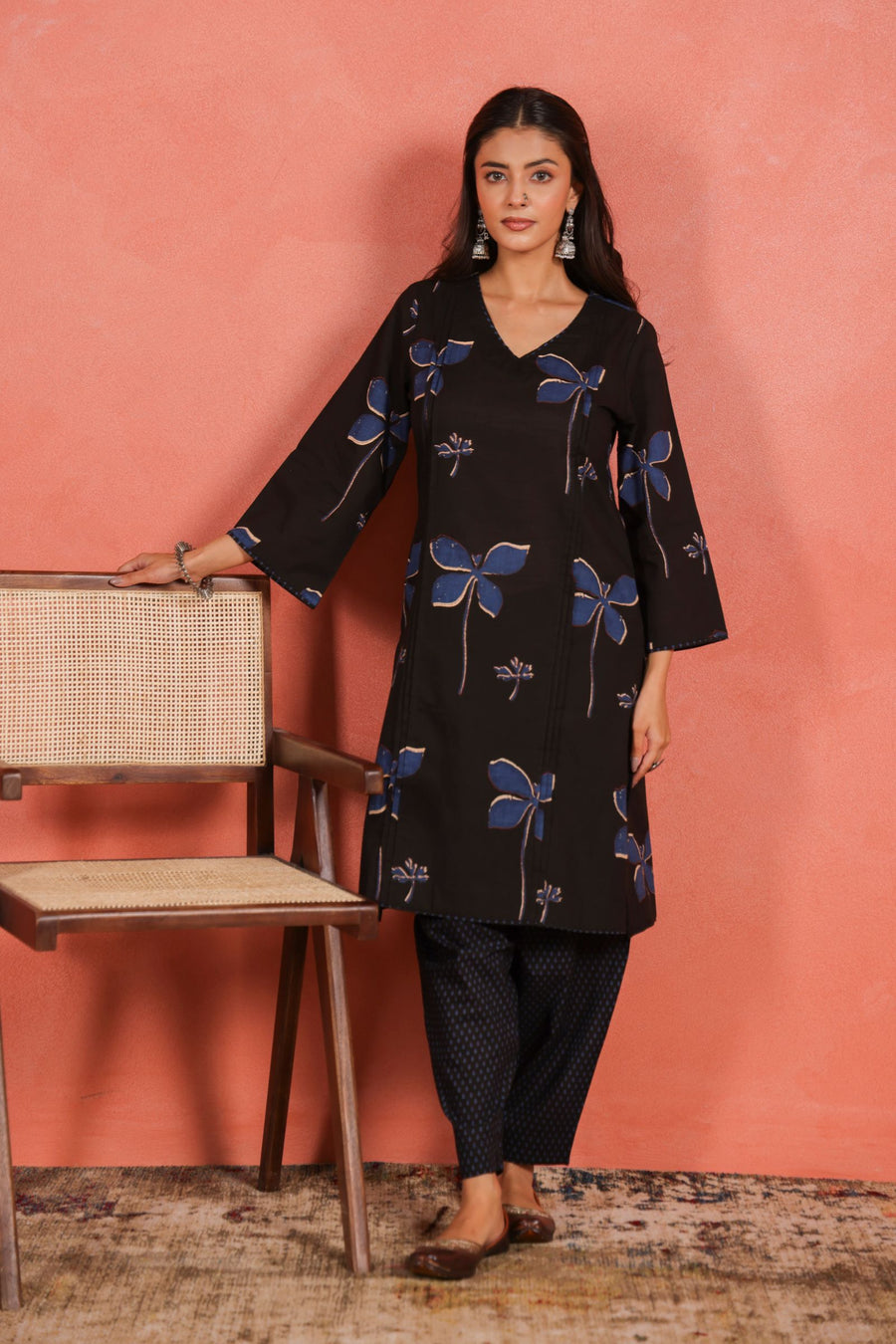 Black Cotton Slub Pleated Kurta with Afghani Pant