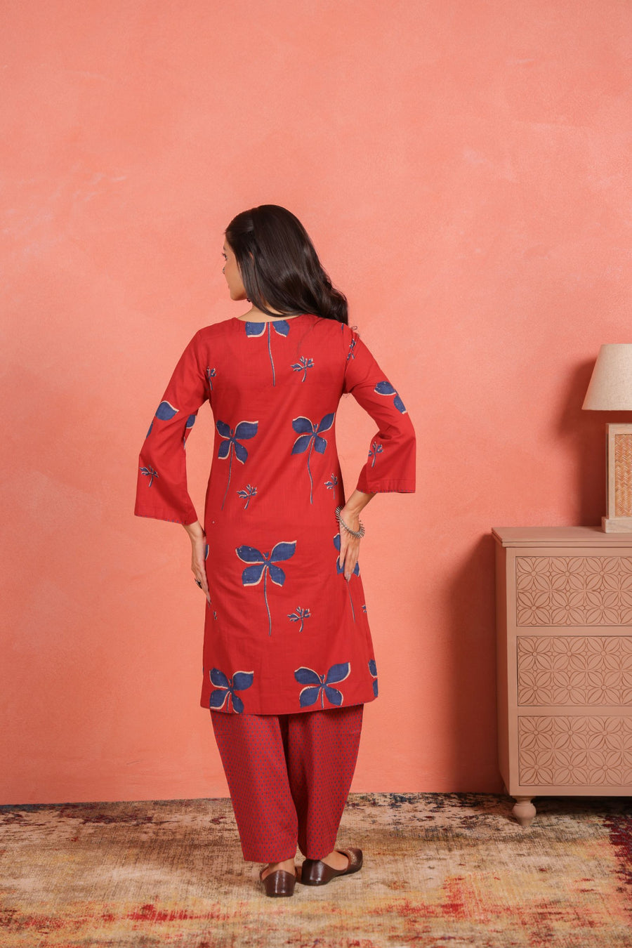 Brick Red Cotton Slub Pleated Kurta with Afghani Pant