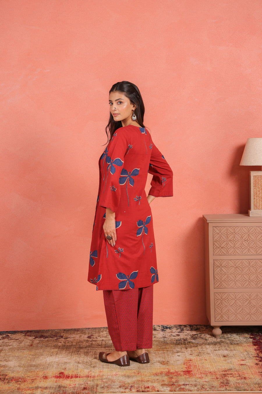 Brick Red Cotton Slub Pleated Kurta with Afghani Pant