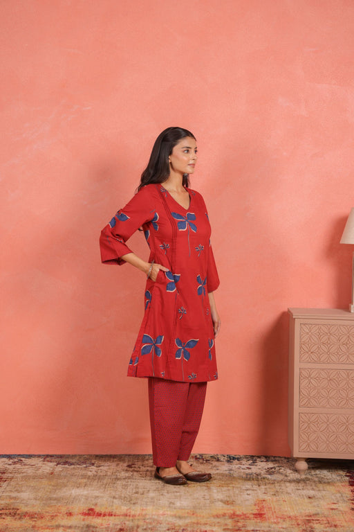 Brick Red Cotton Slub Pleated Kurta with Afghani Pant