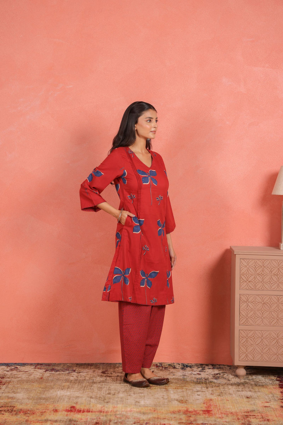 Brick Red Cotton Slub Pleated Kurta with Afghani Pant