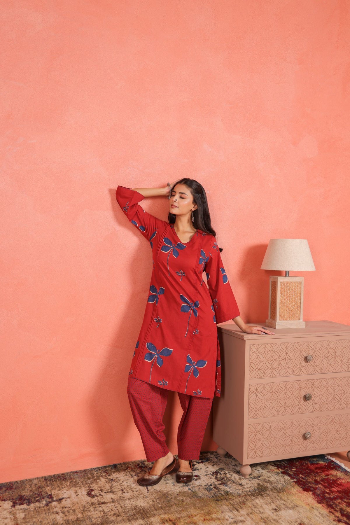 Brick Red Cotton Slub Pleated Kurta with Afghani Pant