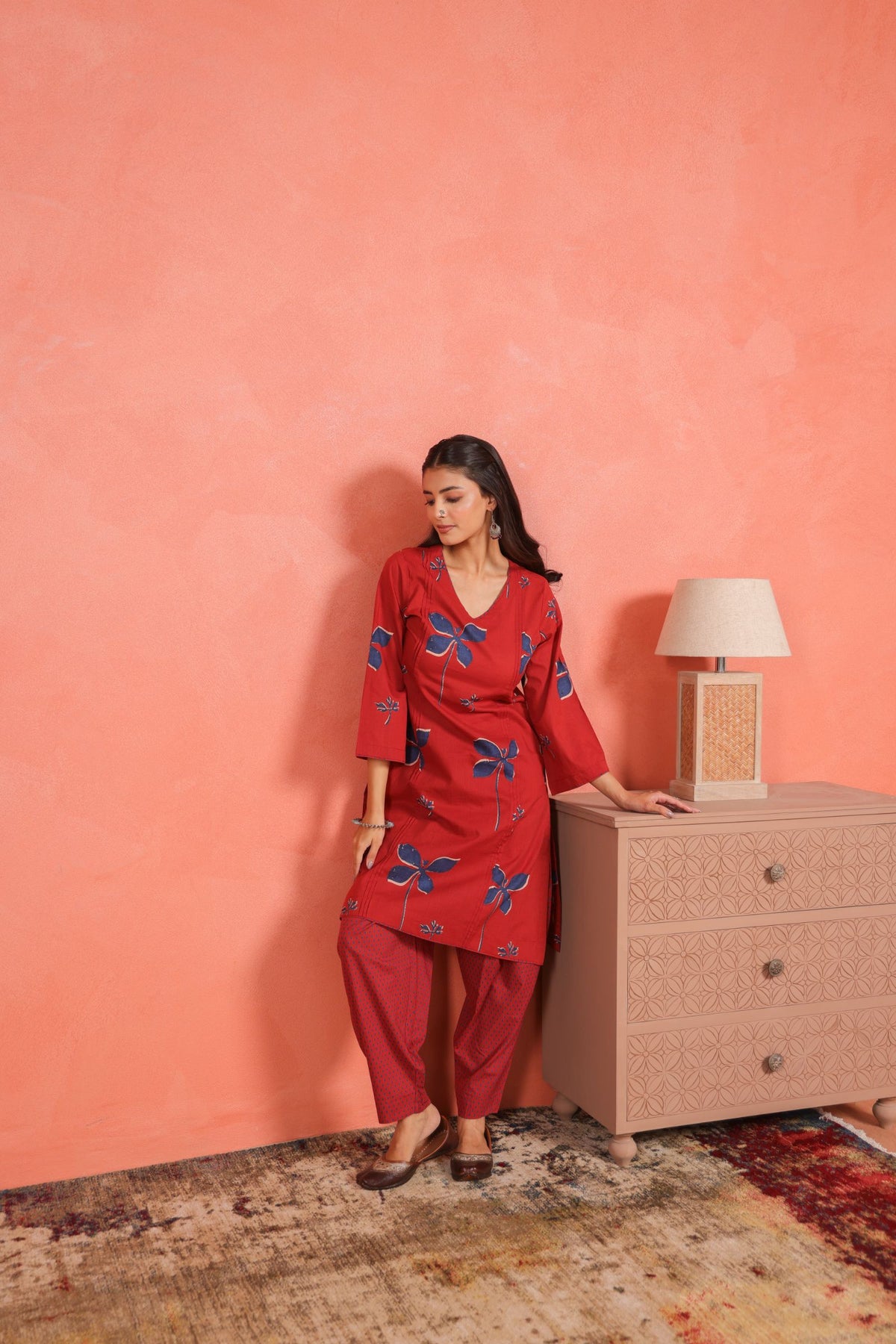 Brick Red Cotton Slub Pleated Kurta with Afghani Pant