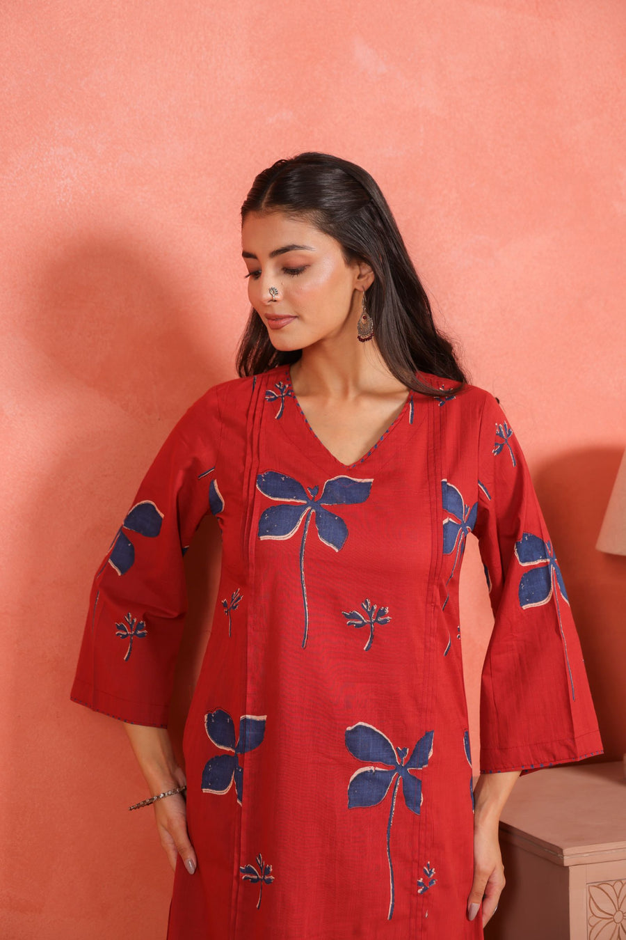Brick Red Cotton Slub Pleated Kurta with Afghani Pant