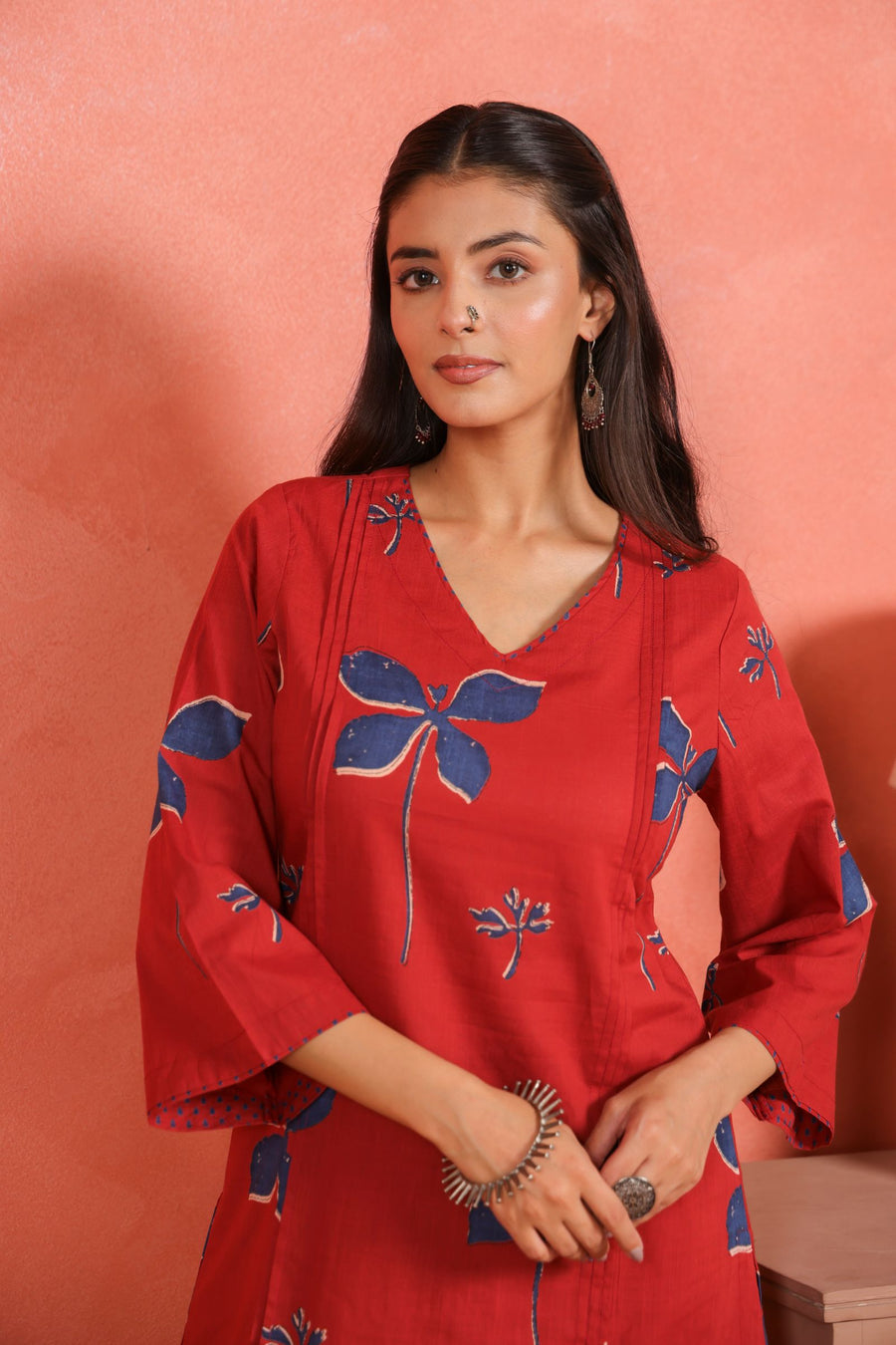 Brick Red Cotton Slub Pleated Kurta with Afghani Pant