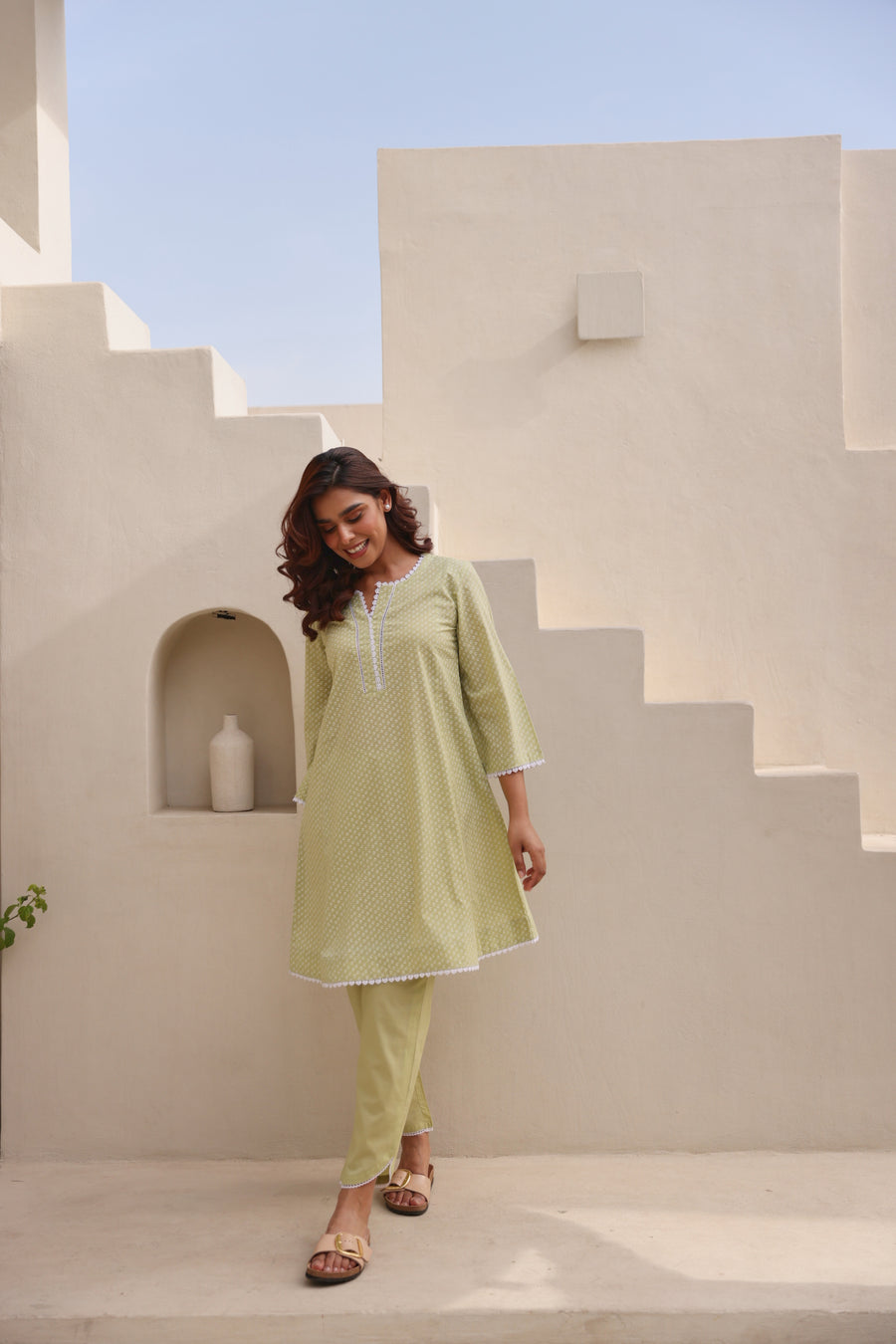 Green Chunakhari Printed Cotton Co-Ord Set with Lace Work