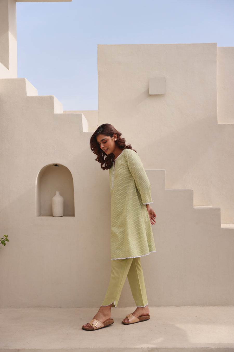 Green Chunakhari Printed Cotton Co-Ord Set with Lace Work