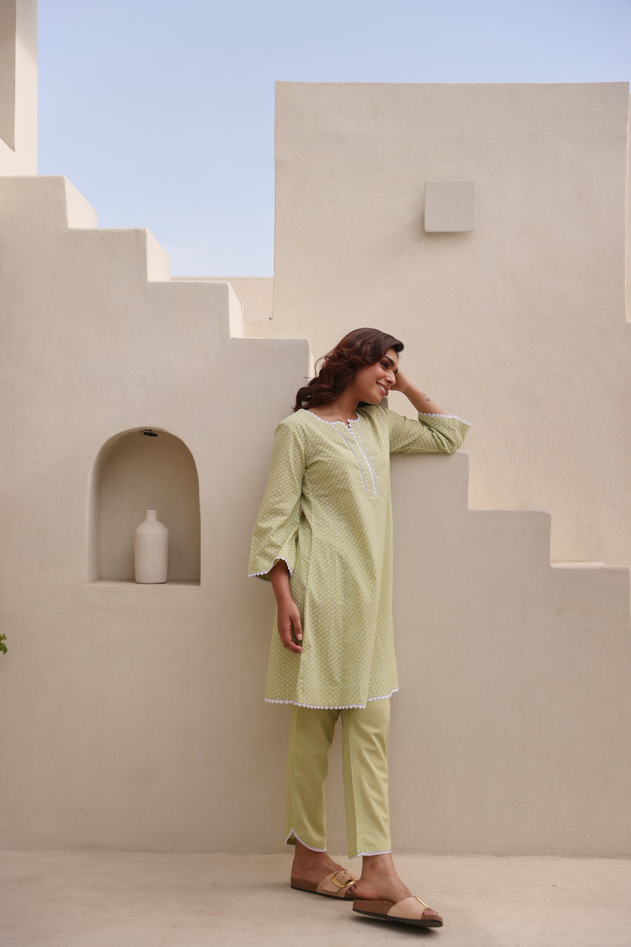 Green Chunakhari Printed Cotton Co-Ord Set with Lace Work