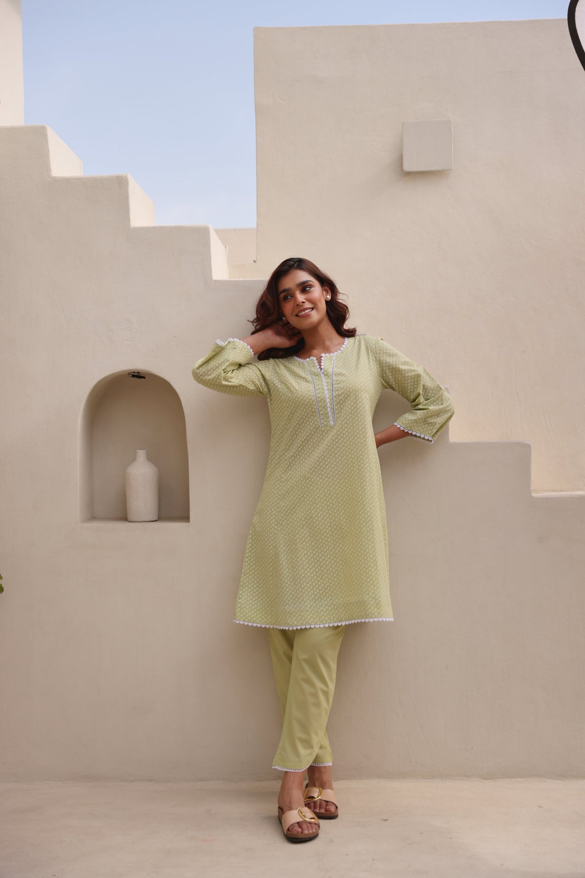 Green Chunakhari Printed Cotton Co-Ord Set with Lace Work
