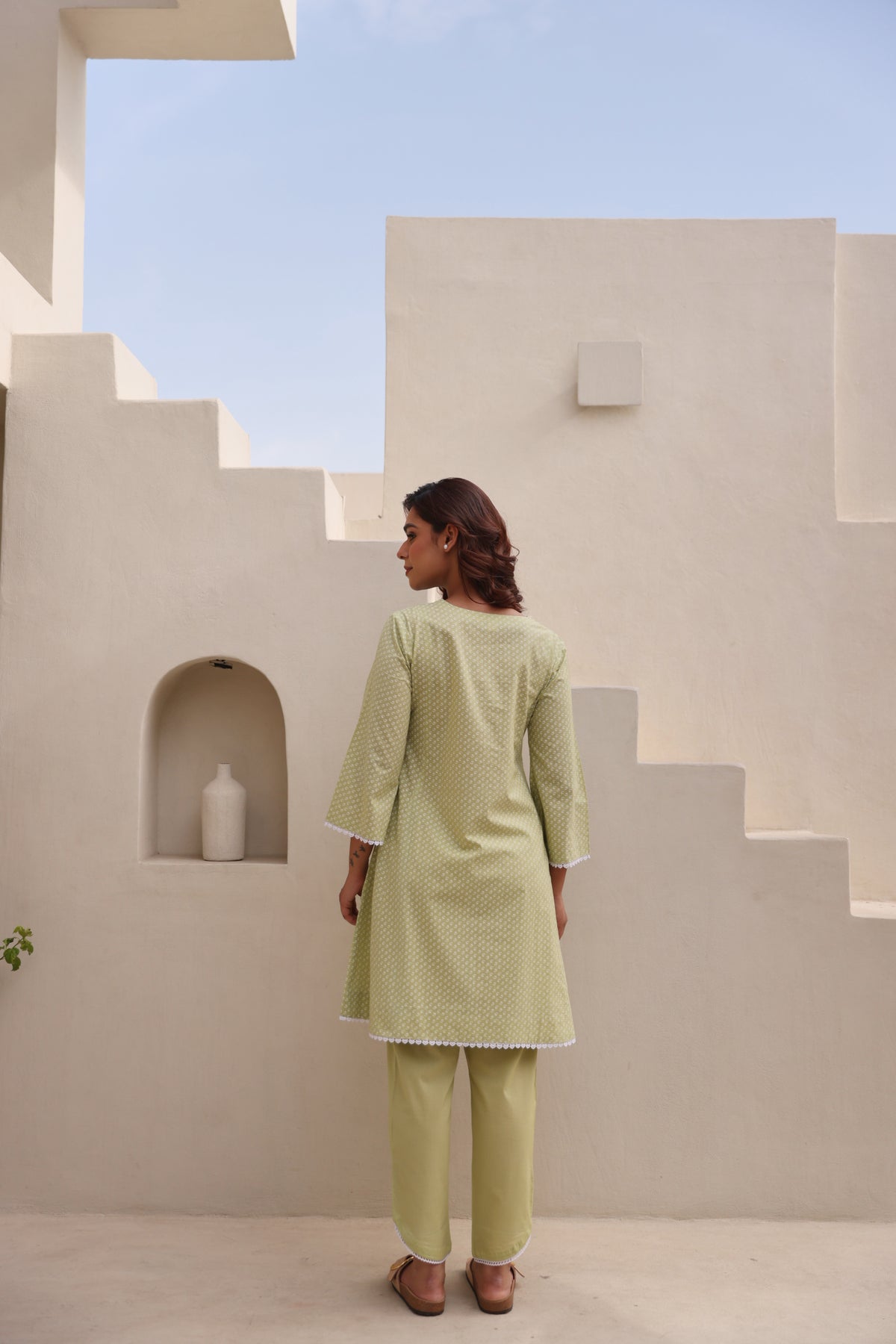 Green Chunakhari Printed Cotton Co-Ord Set with Lace Work