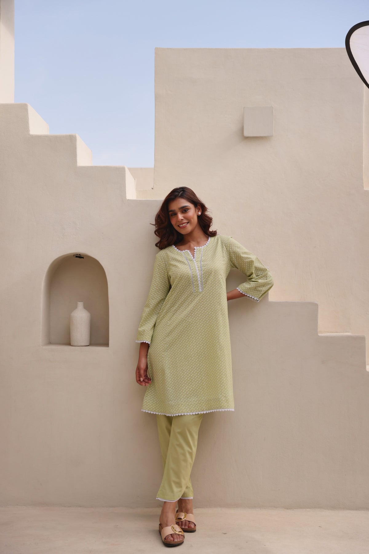 Green Chunakhari Printed Cotton Co-Ord Set with Lace Work
