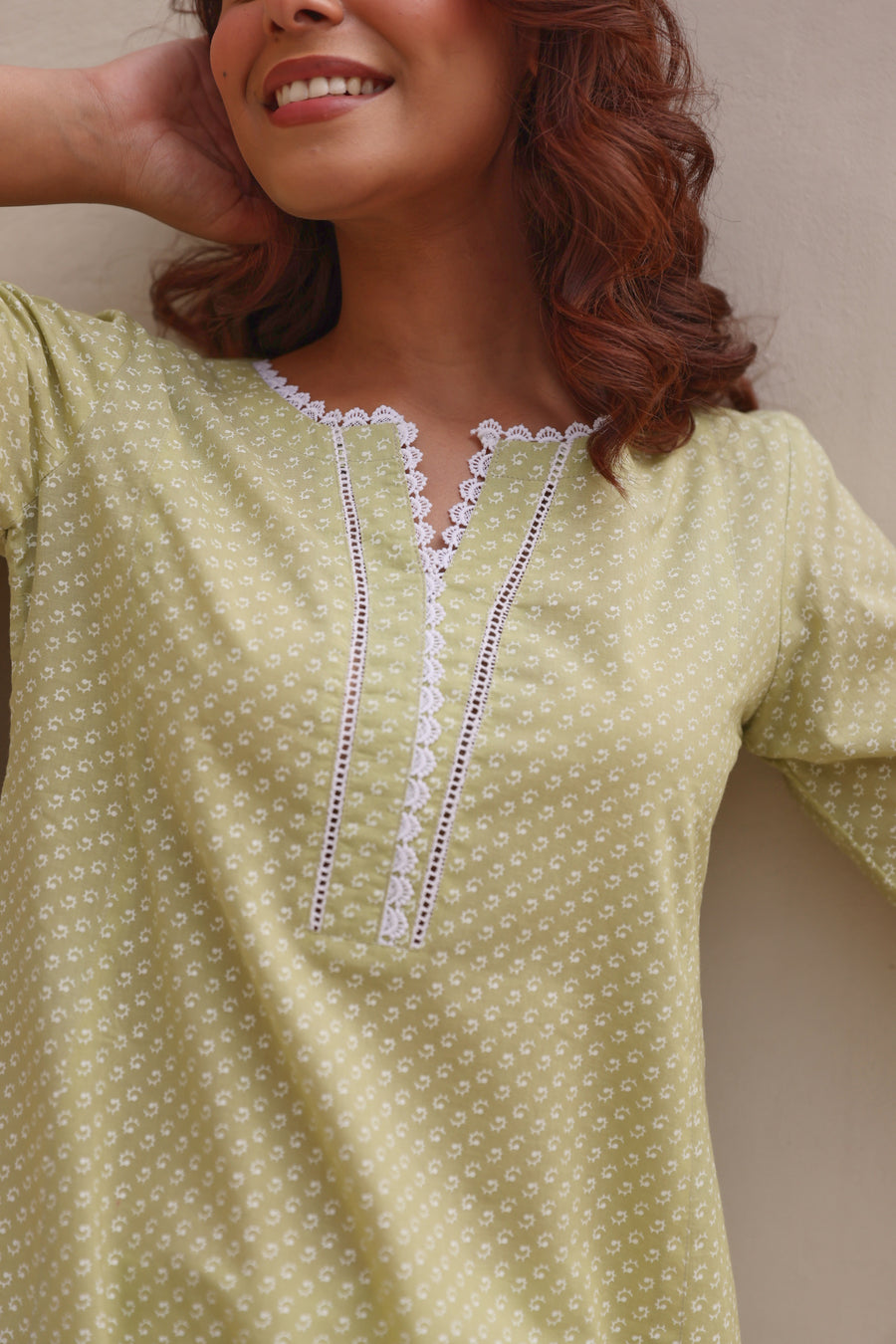 Green Chunakhari Printed Cotton Co-Ord Set with Lace Work