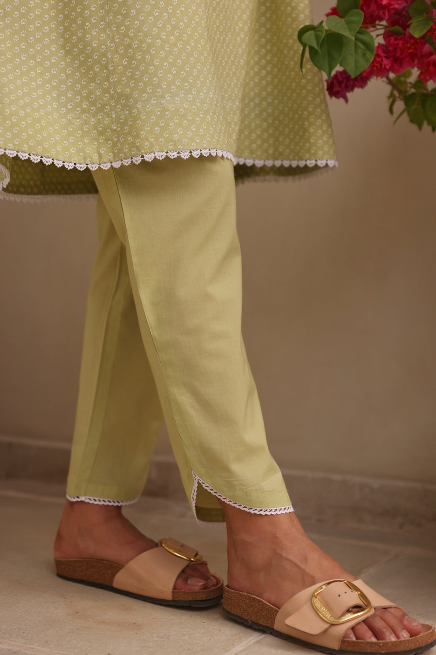 Green Chunakhari Printed Cotton Co-Ord Set with Lace Work