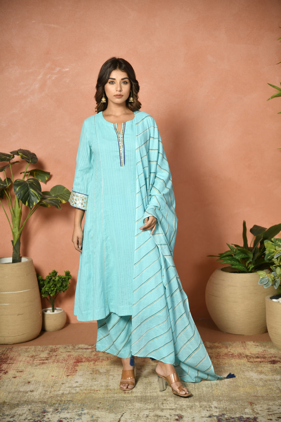 Firozi festive embroidered cotton suit set - fabric detail - EKOHUM