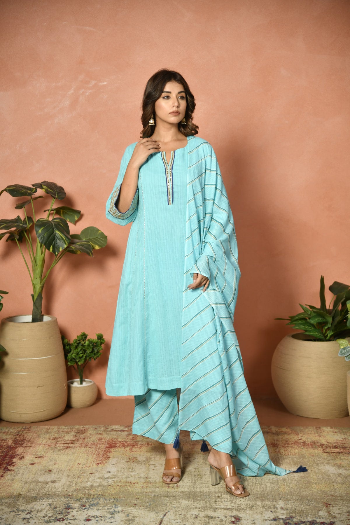 Firozi festive embroidered cotton suit set - side view - EKOHUM
