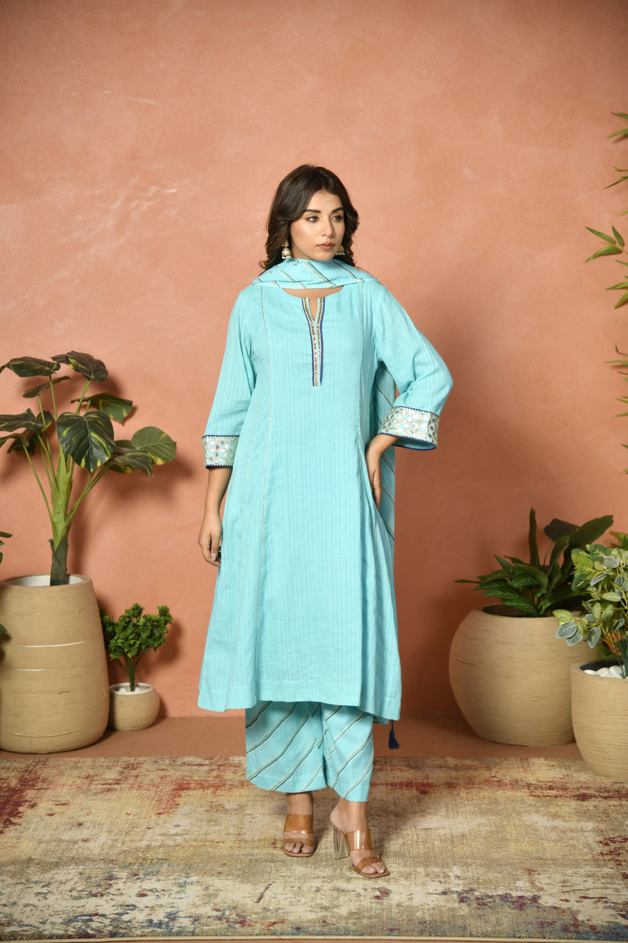 Firozi festive embroidered cotton suit set - styled look - EKOHUM