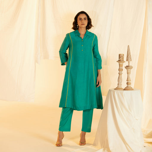 Green Linen Shirt Collar Co-Ord Set