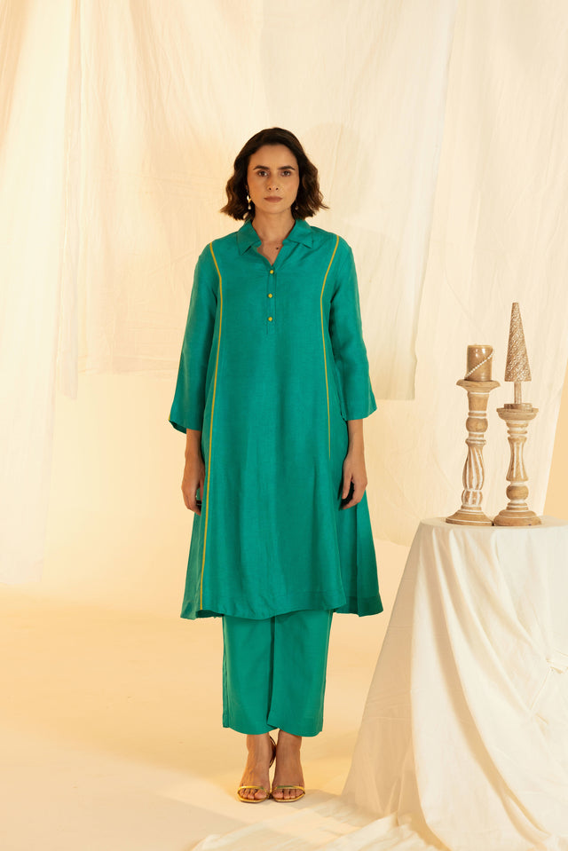 Green Linen Shirt Collar Co-Ord Set