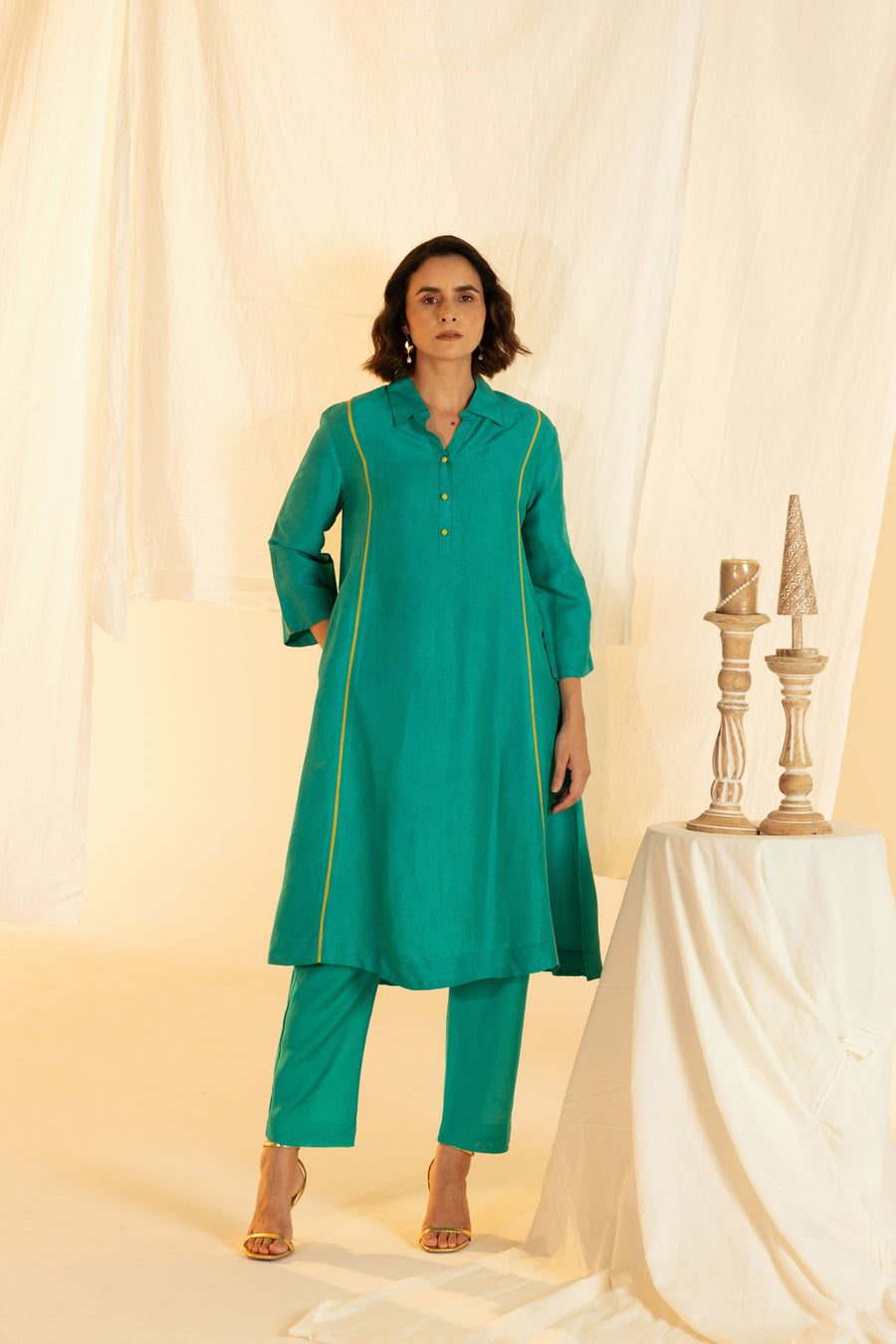 Green Linen Shirt Collar Co-Ord Set