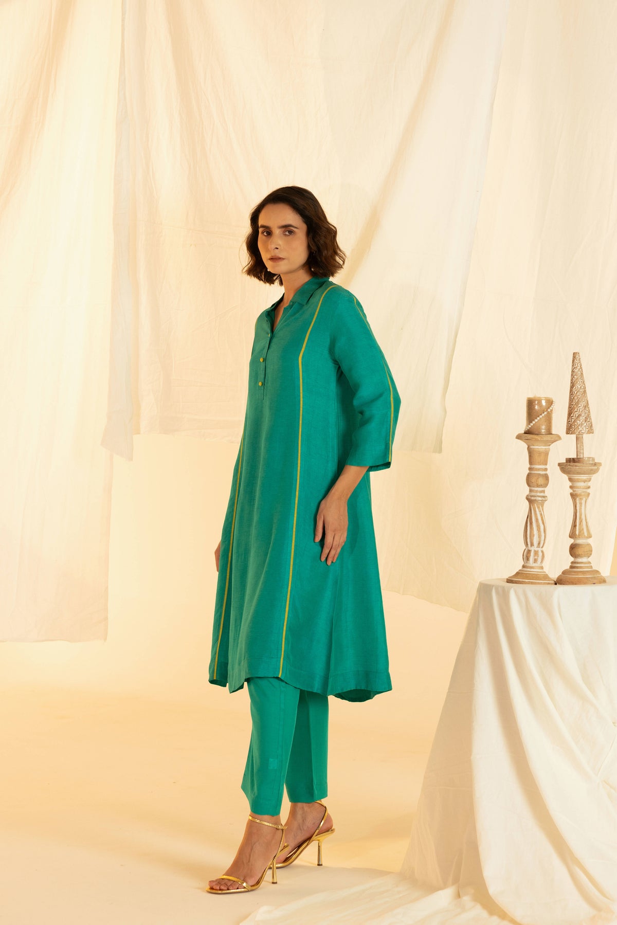 Green Linen Shirt Collar Co-Ord Set