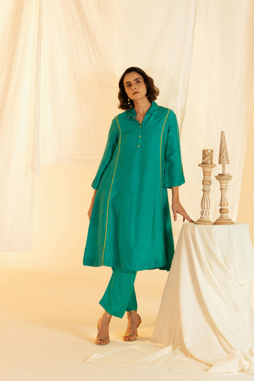 Green Linen Shirt Collar Co-Ord Set
