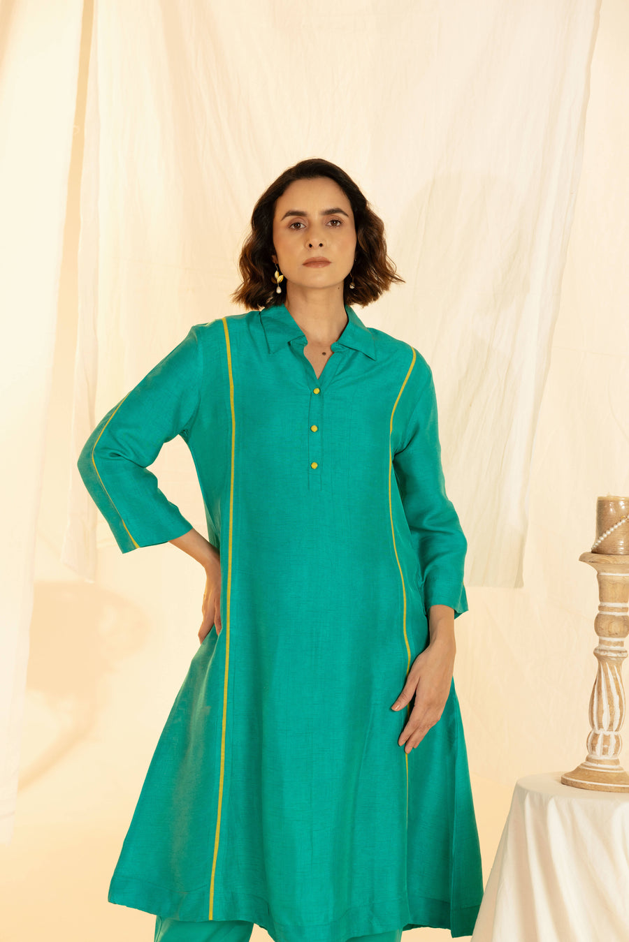 Green Linen Shirt Collar Co-Ord Set