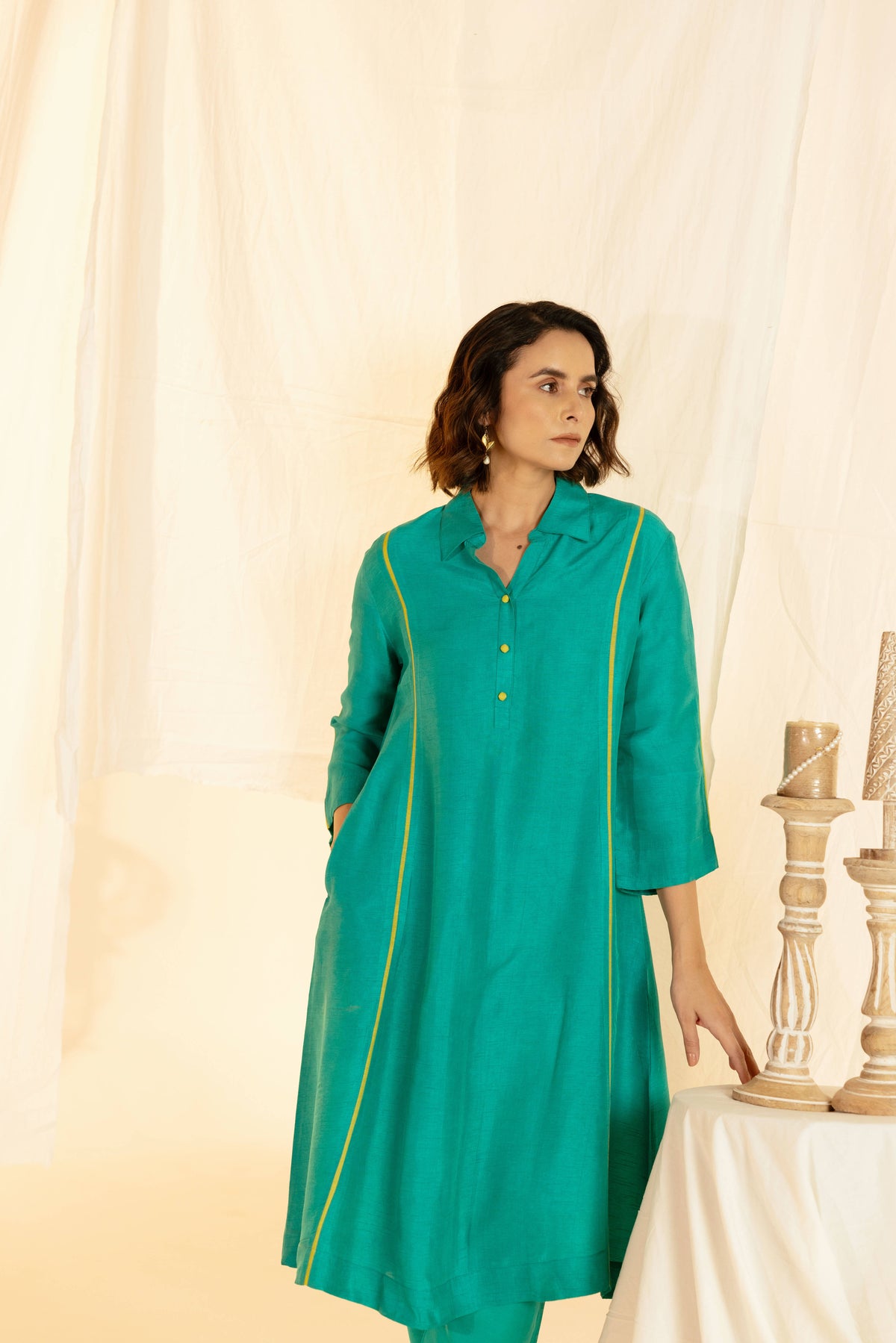 Green Linen Shirt Collar Co-Ord Set