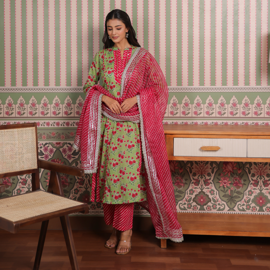 Green Printed Cotton Suit Set with Gota Patti Embroidery