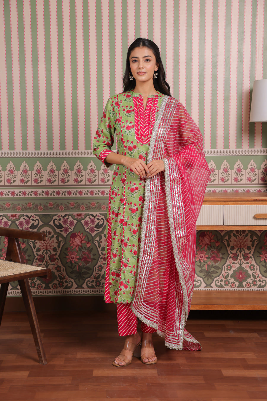 Green Printed Cotton Suit Set with Gota Patti Embroidery