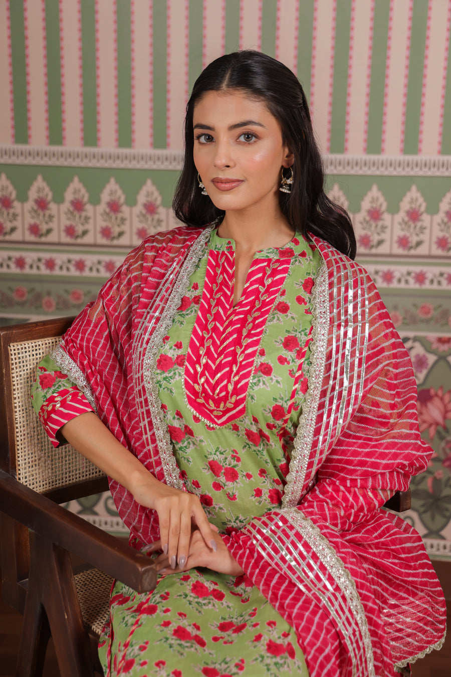 Green Printed Cotton Suit Set with Gota Patti Embroidery