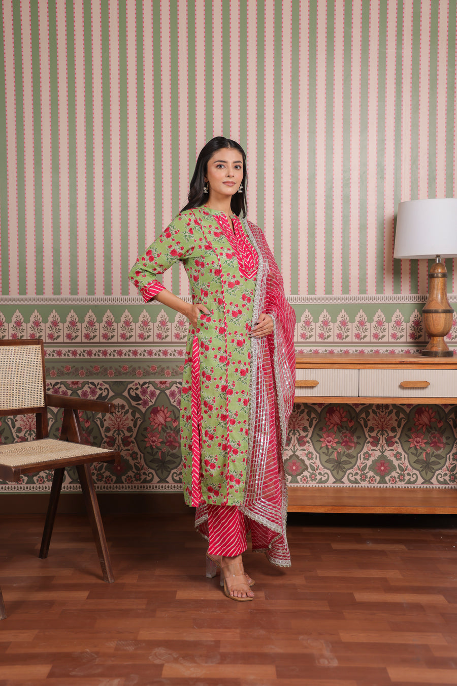 Green Printed Cotton Suit Set with Gota Patti Embroidery
