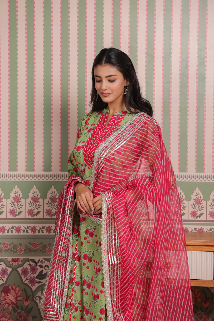 Green Printed Cotton Suit Set with Gota Patti Embroidery