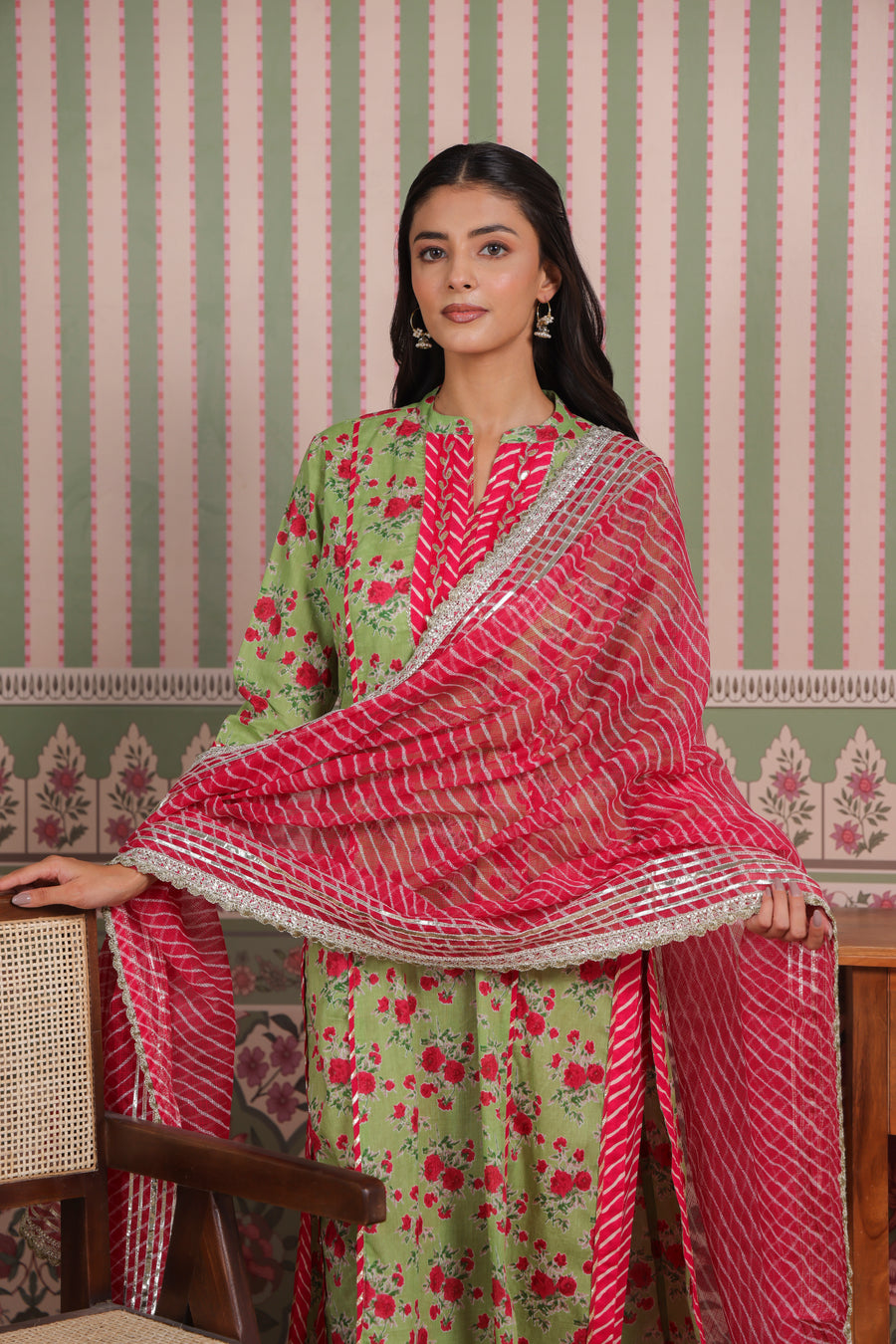 Green Printed Cotton Suit Set with Gota Patti Embroidery