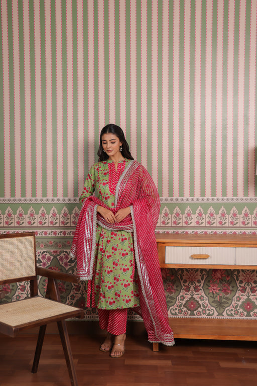 Green Printed Cotton Suit Set with Gota Patti Embroidery