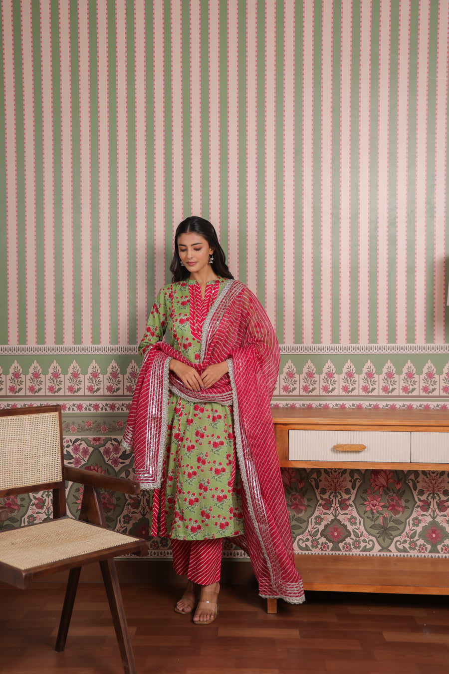 Green Printed Cotton Suit Set with Gota Patti Embroidery