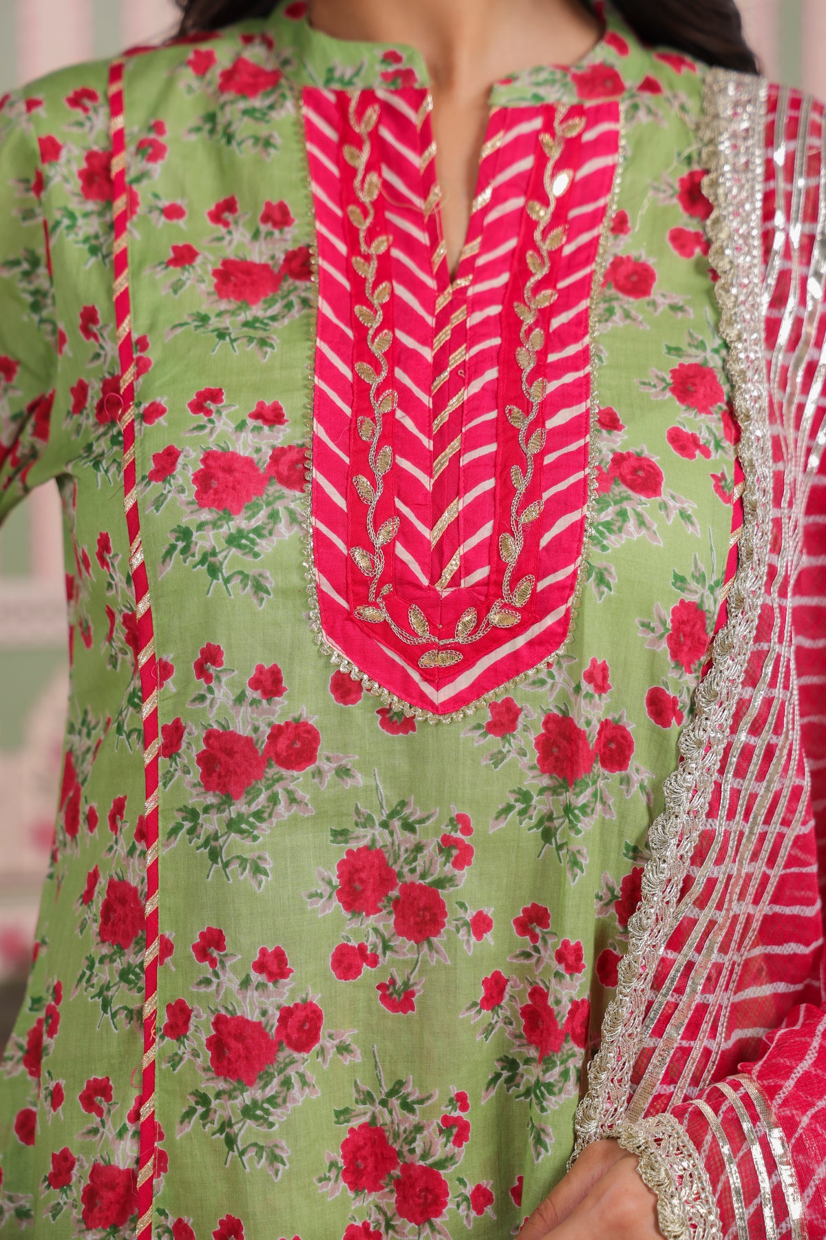 Green Printed Cotton Suit Set with Gota Patti Embroidery