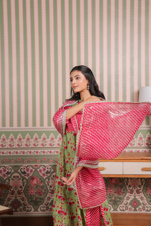 Green Printed Cotton Suit Set with Gota Patti Embroidery