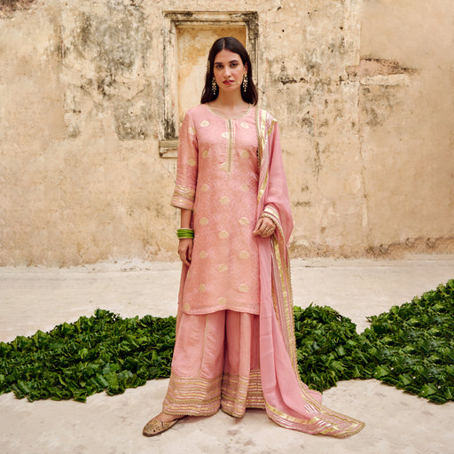 Pink Zari Butti Tissuse Silk Kurta Sharara Dupatta Set Embellished with Zari Laces