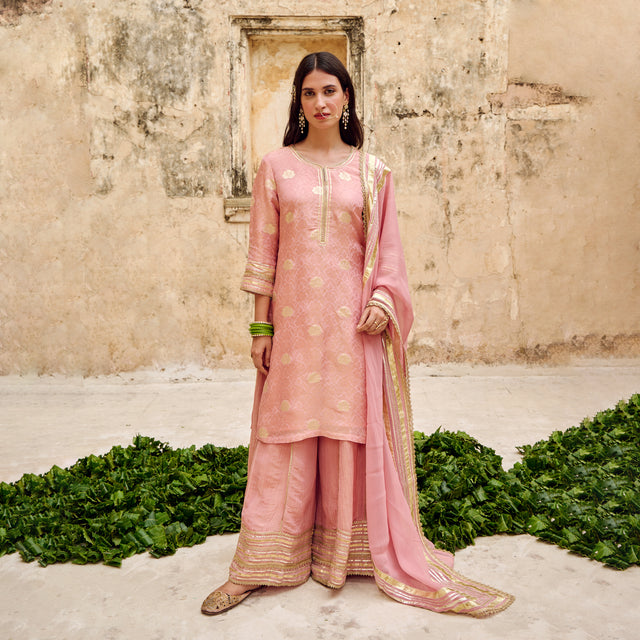 Pink Zari Butti Tissuse Silk Kurta Sharara Dupatta Set Embellished with Zari Laces