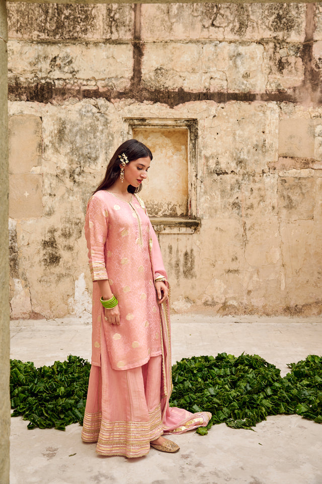 Pink Zari Butti Tissuse Silk Kurta Sharara Dupatta Set Embellished with Zari Laces