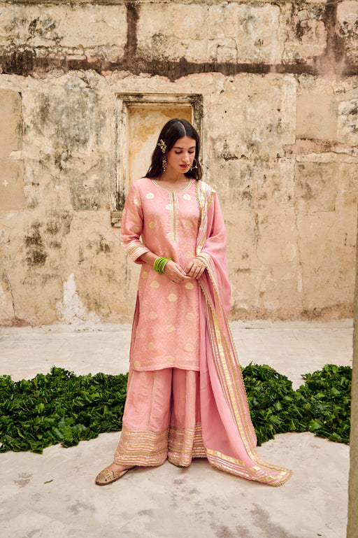Pink Zari Butti Tissuse Silk Kurta Sharara Dupatta Set Embellished with Zari Laces