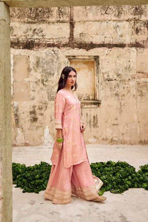 Pink Zari Butti Tissuse Silk Kurta Sharara Dupatta Set Embellished with Zari Laces