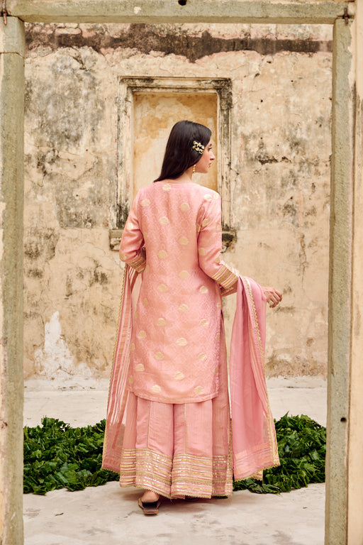 Pink Zari Butti Tissuse Silk Kurta Sharara Dupatta Set Embellished with Zari Laces