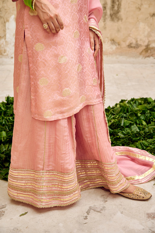 Pink Zari Butti Tissuse Silk Kurta Sharara Dupatta Set Embellished with Zari Laces