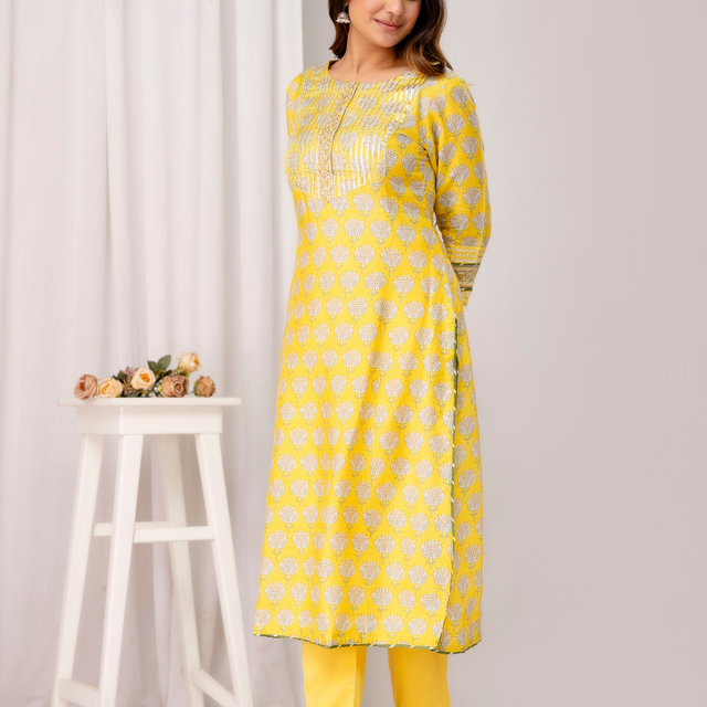 Yellow Printed Muslin Kurta with Gota Patti Zari Embroidery and Jaam Cotton Pant