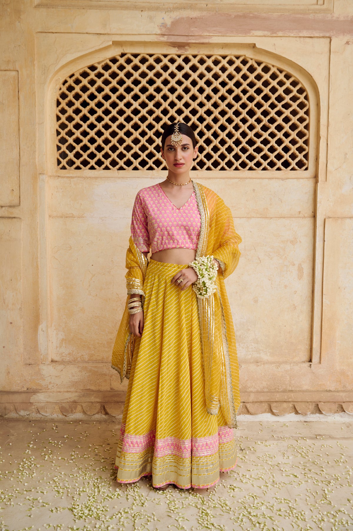 Pink Yellow Cotton Gota Work Lehenga Set with Dupatta