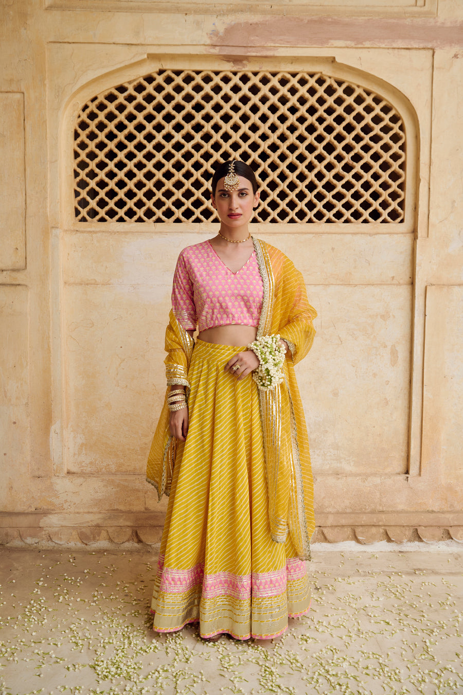Pink Yellow Cotton Gota Work Lehenga Set with Dupatta